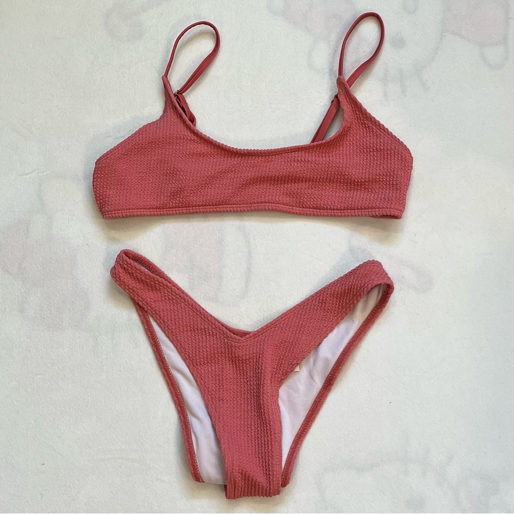 NWT Textured Salmon Pink Scoop Neck Bikini Set - Ribbed Minimalist Swim Medium